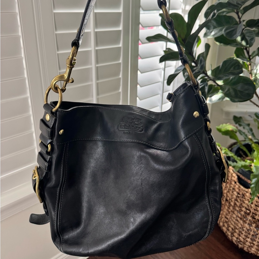 Coach Zoe Hobo Black Leather Shoulder Bag with Gold Hardware